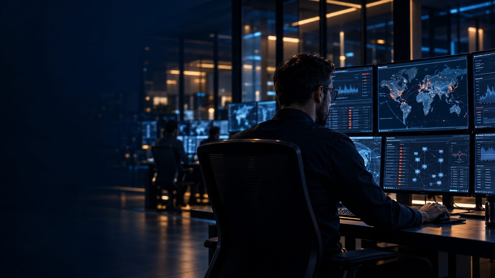 Poste de supervision cybersécurité avec écrans de monitoring